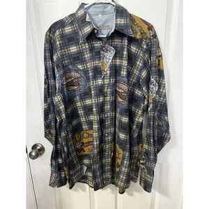 Vintage Lemon And Soda Men's salmon Fishing Ad Prints Plaid Button Down Shirt L